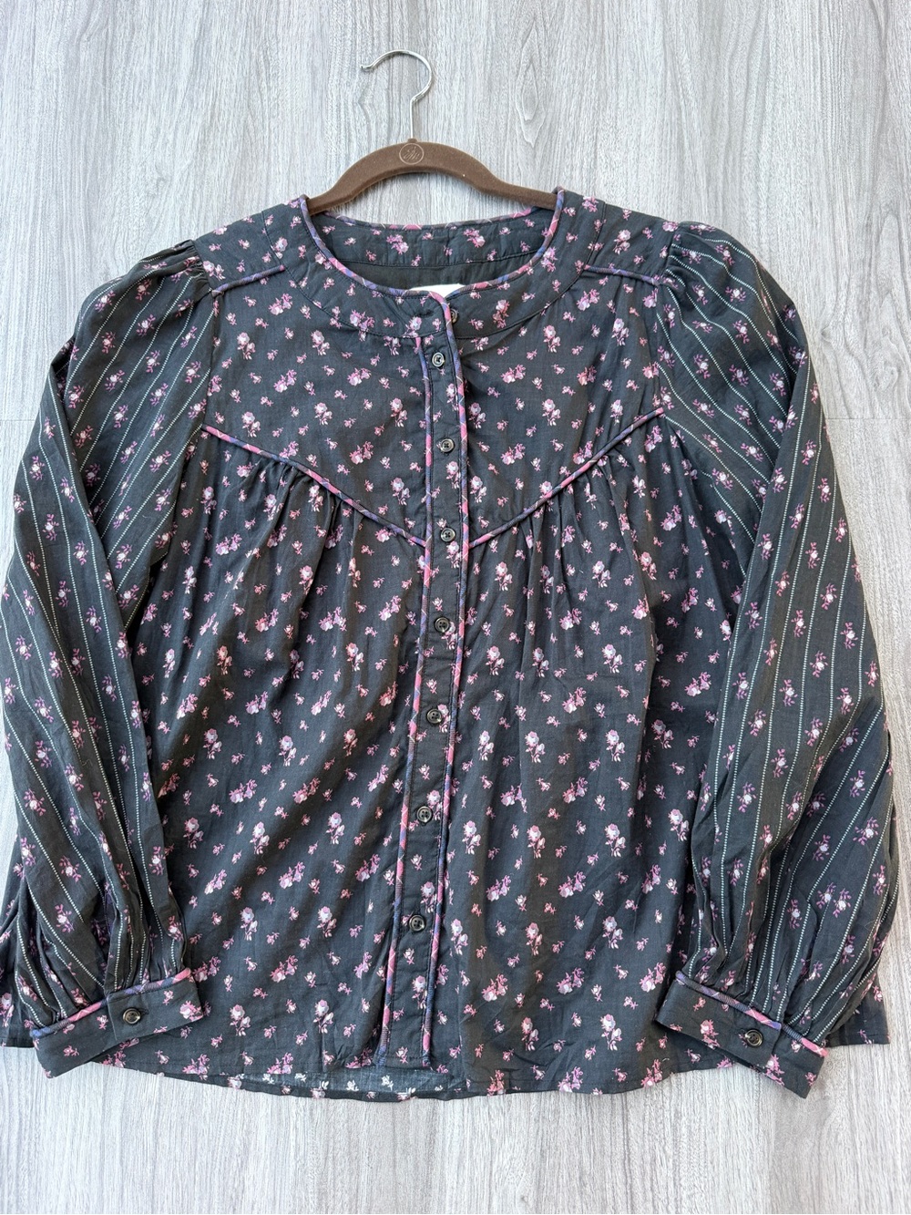 Sezane Black Floral Striped Cotton Blouse EU 40/ US 8 Boho Peasant Yoke Top